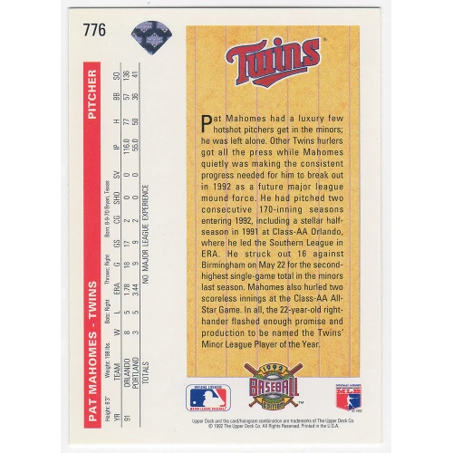 Pat (Patrick) Mahomes Sr. Signed Minnesota Twins 1992 Upper Deck Rookie Baseball Card #776 - Image 2
