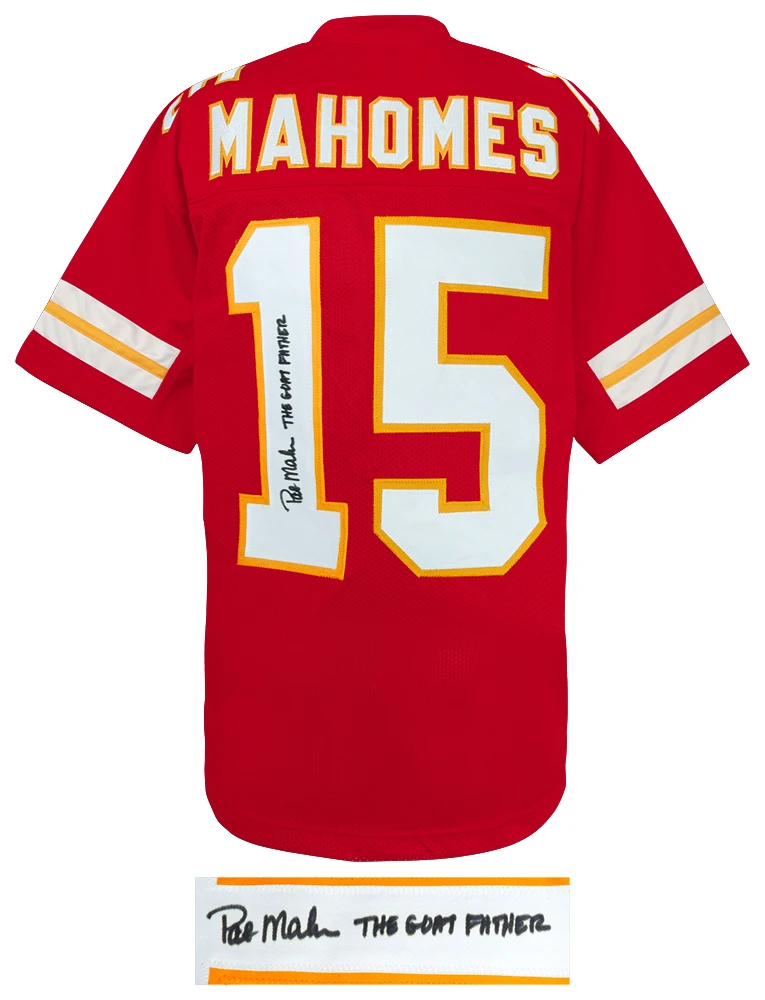 Pat (Patrick) Mahomes Sr. Signed Red Custom Football Jersey w/The Goatfather - Image 2
