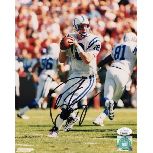 Peyton Manning Signed Indianapolis Colts White Jersey Dropback Action 8x10 Photo- (JSA)