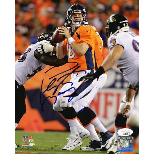 Peyton Manning Signed Denver Broncos Orange Jersey Action vs Ravens 8x10 Photo- (JSA)