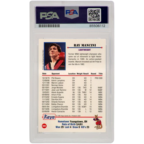 Ray Mancini Signed 1991 Kayo Boxing Trading Card #86 w/Boom Boom - (PSA Encapsulated) - Image 2