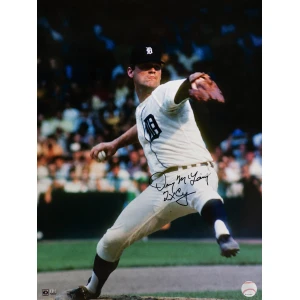 Denny McLain Signed Detroit Tigers White Jersey Pitching Action 16x20 w/2x CY