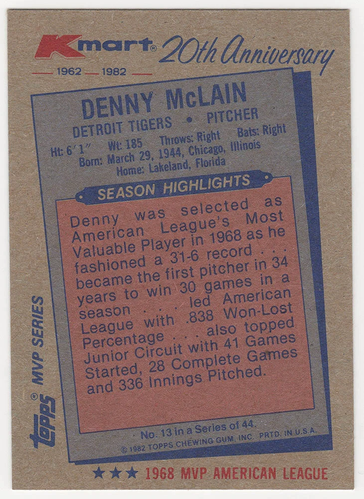 Denny McLain Signed Detroit Tigers 1982 Topps Kmart Baseball Trading Card #13 - Image 2
