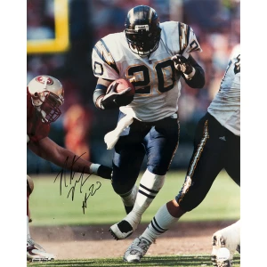 Natrone Means Signed Chargers White Jersey With Football vs 49ers Action 16x20 Photo