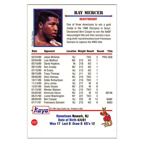 Ray Mercer Signed 1991 Kayo Boxing Trading Card #117 - Image 2