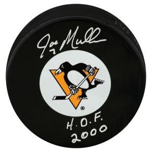 Joe Mullen Signed Pittsburgh Penguins Logo Hockey Puck w/HOF 2000