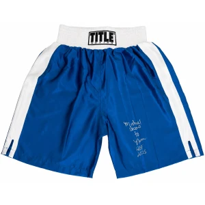 Michael Nunn Signed Title Blue With White Trim Boxing Trunks w/HOF 2025