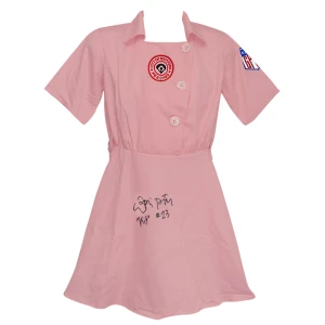Lori Petty Signed Rockford Peaches Pink Costume Women's Baseball Jersey w/Kit