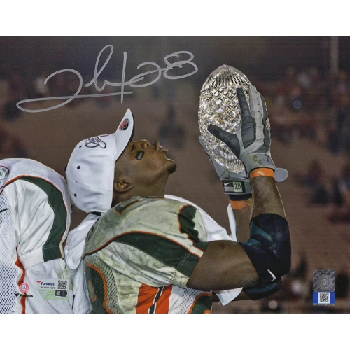 Clinton Portis Signed Miami Hurricanes Kissing Football 8x10 Photo - (Fanatics)