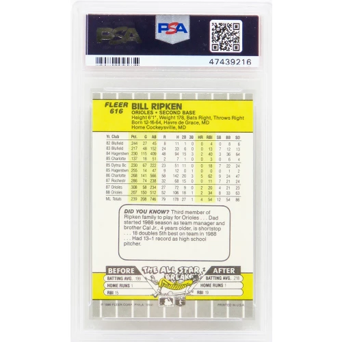 Bill Ripken (Baltimore Orioles) 1989 Fleer Baseball #616 FF Error Card - PSA 10 GEM MINT (New Label) - Image 2