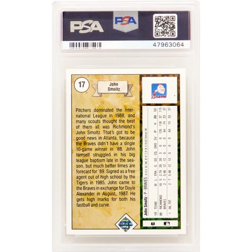 John Smoltz (Atlanta Braves) 1989 Upper Deck Baseball #17 RC Rookie Card - PSA 10 GEM MINT - Image 2
