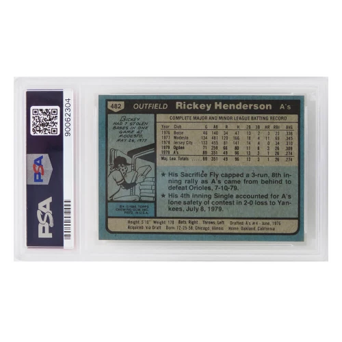 Rickey Henderson (Oakland A's) 1980 Topps Baseball #482 RC Rookie Card - PSA 9 MINT (B) - Image 2