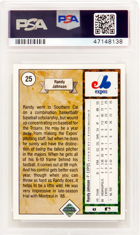 Randy Johnson (Montreal Expos) 1989 Upper Deck Baseball #25 RC Rookie Card - PSA 10 GEM MINT - Image 2