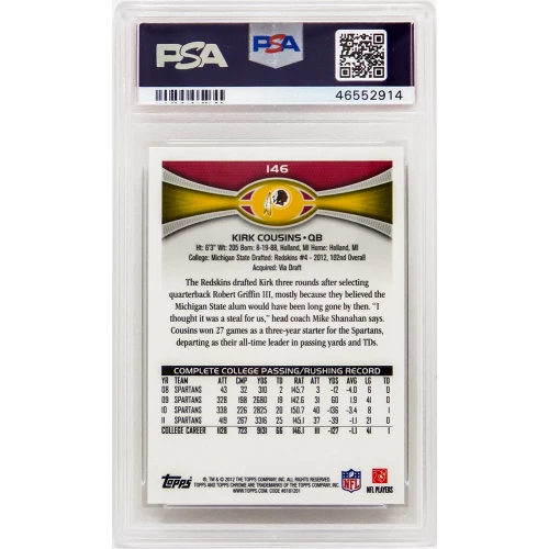 Kirk Cousins 2012 Topps Chrome Football #146 RC Rookie Card - PSA 10 GEM MINT - Image 2