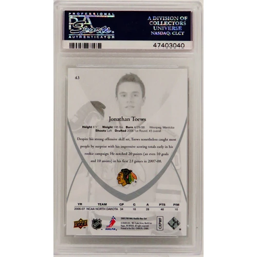 Jonathan Toews (Chicago Blackhawks) 2007 Upper Deck Rookie Class Hockey #43 RC Rookie Card - PSA 10 GEM MINT (Silver Label) - Image 2