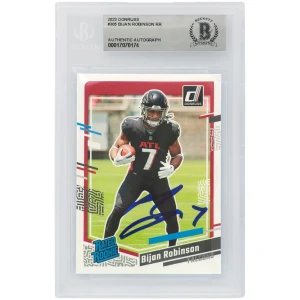 Bijan Robinson Signed Atlanta Falcons 2023 Donruss Rated Rookie Football Card #305   (Beckett Encapsulated)