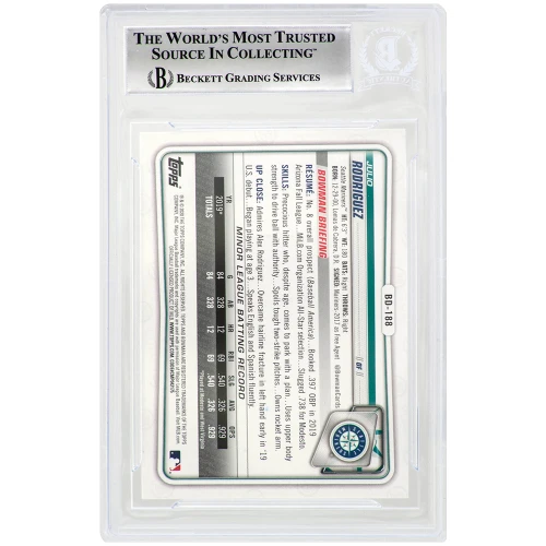 Julio Rodriguez Signed Seattle Mariners 2020 Bowman Draft Rookie Baseball Card #BD188  - (Beckett Encapsulated) - Image 2