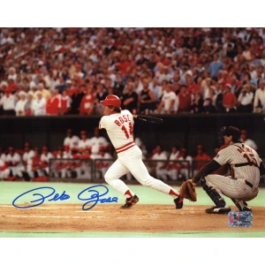 Pete Rose Signed Cincinnati Reds Swinging Action vs Padres 8x10 Photo - (Rose Holo)