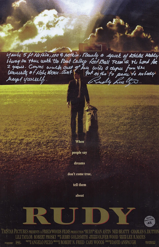 Rudy Ruettiger Signed Rudy 11×17 Movie Poster w/Full Quote (In White)