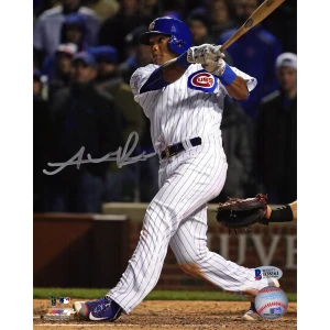 Addison Russell Signed Chicago Cubs White Pinstripe Jersey Swinging Action 8x10 Photo - (Beckett)