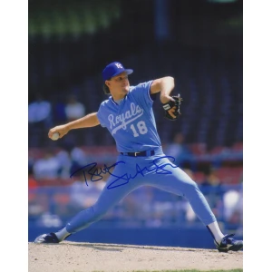 Bret Saberhagen Signed Kansas City Royals Blue Jersey Pitching Action 8x10 Photo