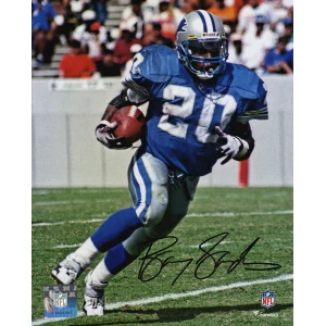 Barry Sanders Signed Detroit Lions Blue Jersey Running With Football Action 8x10 Photo