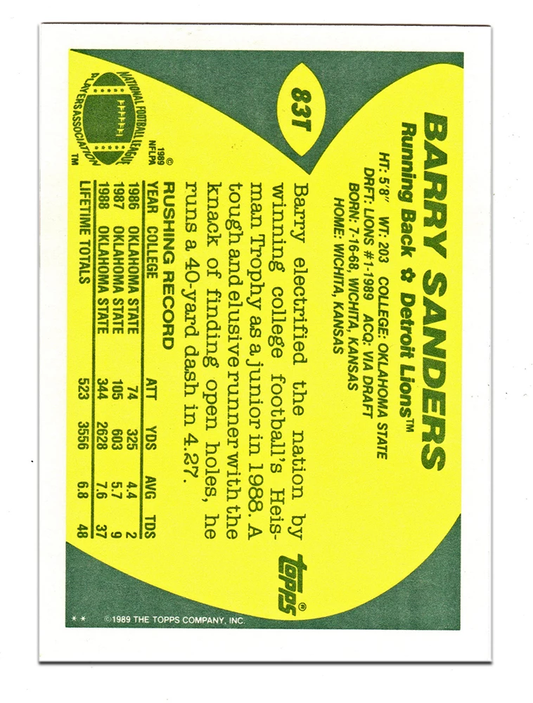 Barry Sanders Signed Detroit Lions 1989 Topps Football Rookie Trading Card #83T - Image 2