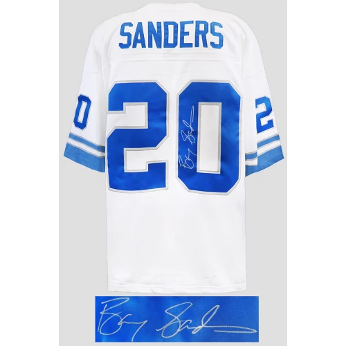 Barry Sanders Signed Detroit Lions White 1996 Throwback M&N NFL Legacy Football Jersey - Image 2