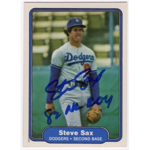 Steve Sax Signed Los Angeles Dodgers 1982 Fleer Rookie Baseball Card #21 w/82 NL ROY