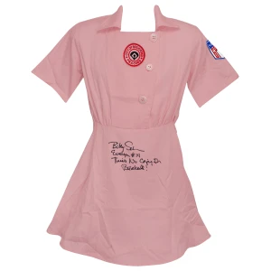 Bitty Schram Signed Rockford Peaches Pink Costume Women's Baseball Jersey w/Evelyn, There's No Crying In Baseball