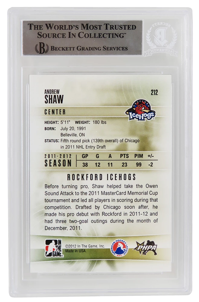 Andrew Shaw Signed Rockford Ice Hogs  2011-12 In The Game Heroes & Prospects AHL Rookie #212 - (Beckett Encapsulated) - Image 2