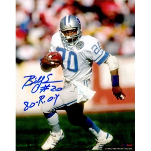 Billy Sims Signed Detroit Lions White Jersey Running 8x10 Photo w/80 ROY