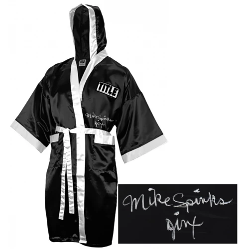Michael (Mike) Spinks Signed Title Black With White Trim Boxing Robe w/Jinx - Image 2