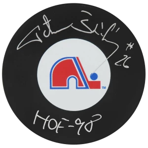 Peter Stastny Signed Quebec Nordiques Team Logo Hockey Puck w/HOF'98