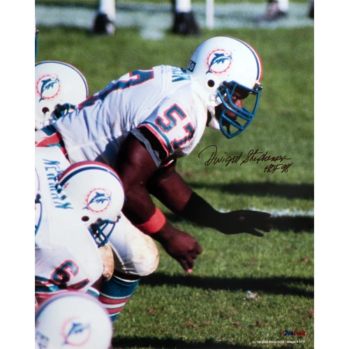 Dwight Stephenson Signed Miami Dolphins White Jersey Action 16x20 Photo w/HOF'98