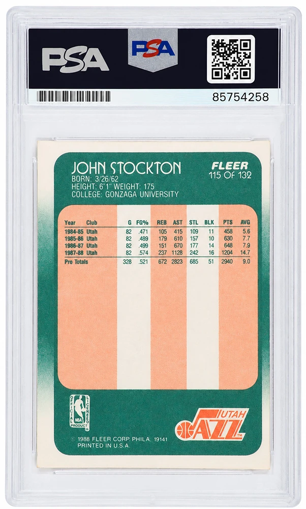 John Stockton Signed Utah Jazz 1988 Fleer Rookie Basketball Card #115 - (PSA Encapsulated - Auto Grade 10) - Image 2