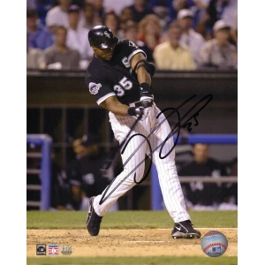 Frank Thomas Signed White Sox Black Jersey Swinging 8x10 Photo