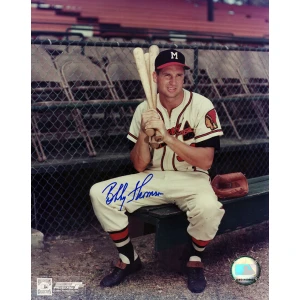 Bobby Thomson Signed Milwaukee Braves Sitting Pose With Bat 8x10 Photo
