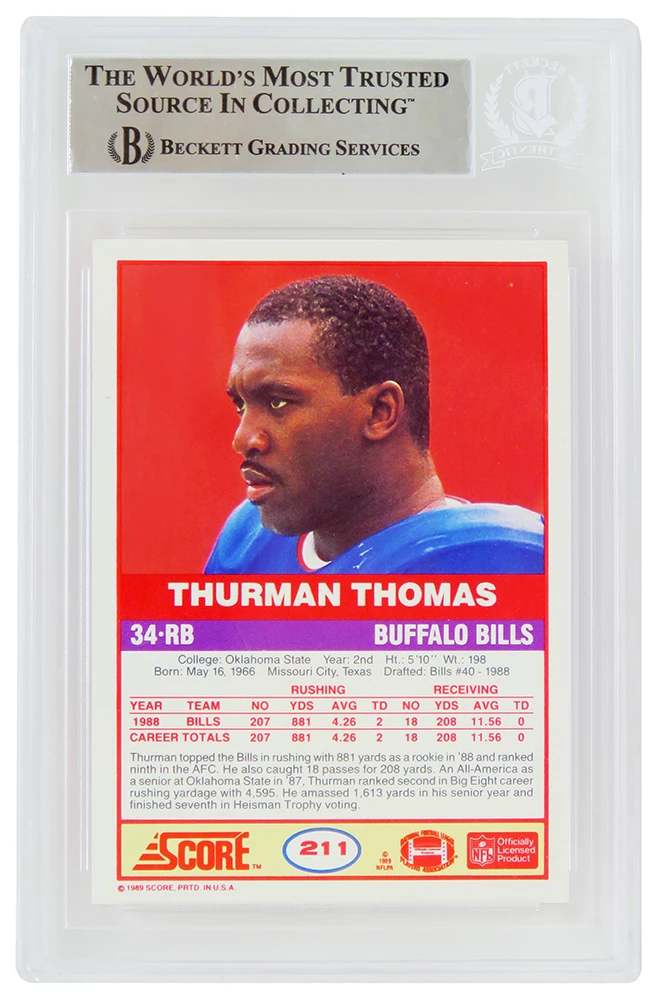 Thurman Thomas Signed Buffalo Bills 1989 Score Rookie Card #211 (Beckett Encapsulated) - Image 2