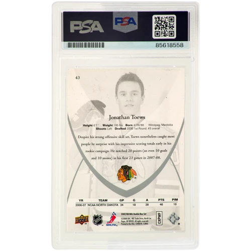 Jonathan Toews Signed 2007-08 Upper Deck NHL Hockey Rookie Box Set Hockey Card #43 - (PSA Encapsulated) - Image 2