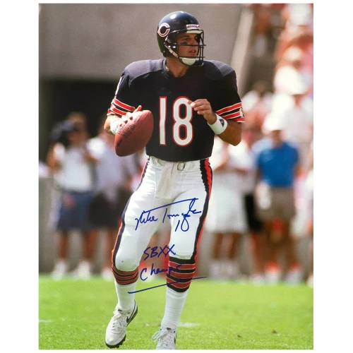 Mike Tomczak Signed Chicago Bears Navy Jersey Action With Football 16x20 Photo w/SB XX Champs