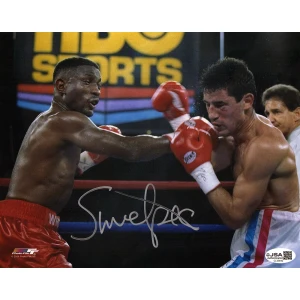Pernell 'Sweet Pea' Whitaker Signed Boxing Red Trunks Punching Action 8x10 Photo - (JSA)