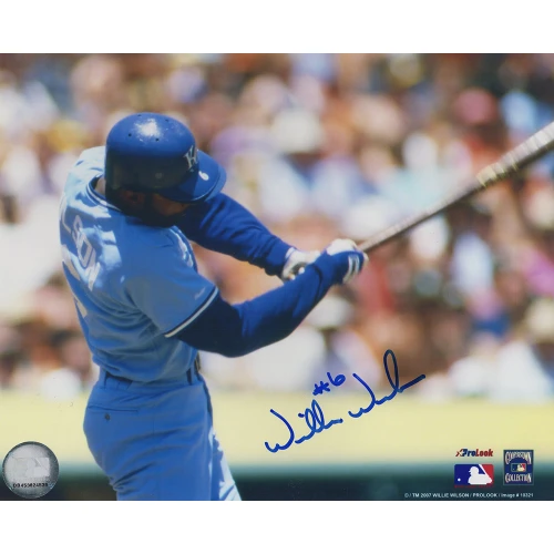 Willie Wilson Signed Kansas City Royals Blue Jersey Swinging Action 8x10 Photo