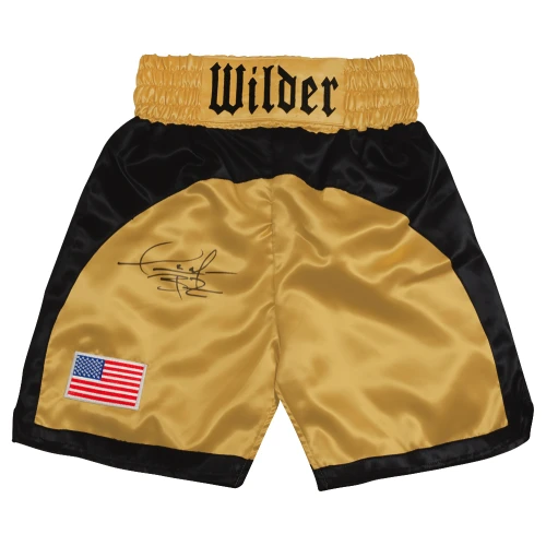 Deontay Wilder Signed Gold With Black Trim Custom Boxing Trunks - (Beckett)