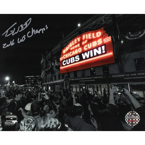Travis Wood Signed Cubs 2016 WS Wrigley Field Marquee Spotlight 8x10 Photo w/2016 WS Champs