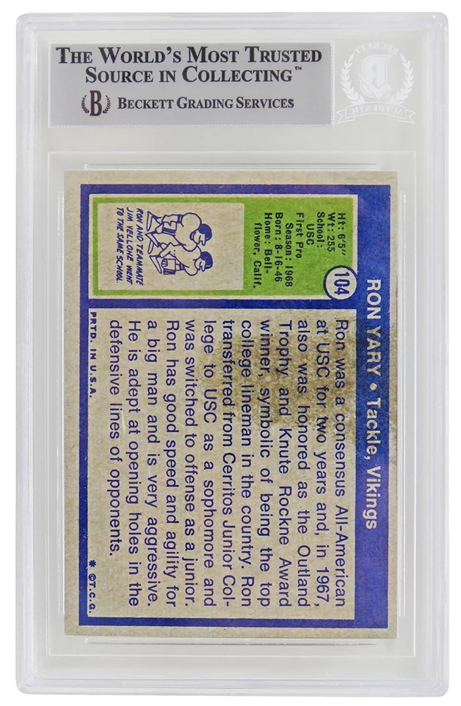 Ron Yary Signed Minnesota Vikings 1972 Topps Football Rookie Card #104 w/HOF'01 - (Beckett Encapsulated) - Image 2