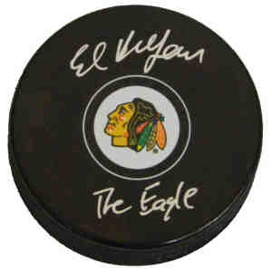 Ed Belfour Signed Chicago Blackhawks Logo Hockey Puck w/The Eagle