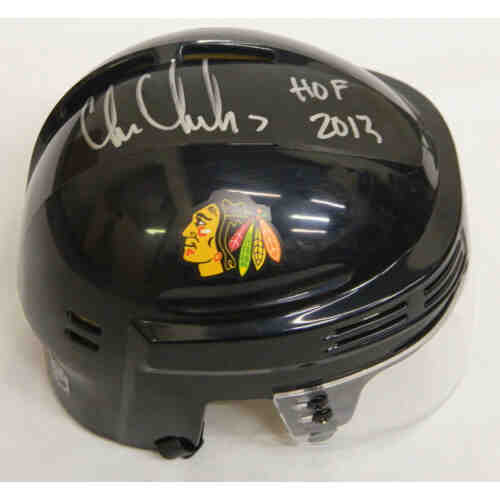 Chris Chelios Signed Blackhawks Black Hockey Mini Helmet w/HOF 2013