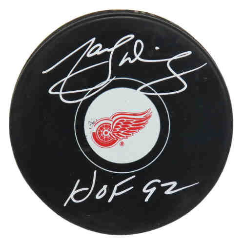 Marcel Dionne Signed Detroit Red Wings Logo Hockey Puck w/HOF'92