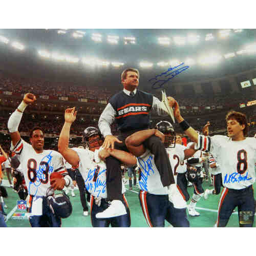 Mike Ditka, Willie Gault, William Perry, Steve McMichael & Maury Buford Signed Bears Super Bowl XX Carried Off 16x20 Photo